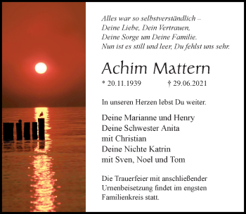 Traueranzeige von Achim Mattern von Ostsee-Zeitung GmbH