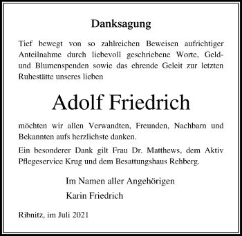 Traueranzeige von Adolf Friedrich von Ostsee-Zeitung GmbH