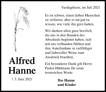Traueranzeige von Alfred Hanne von Hannoversche Allgemeine Zeitung/Neue Presse