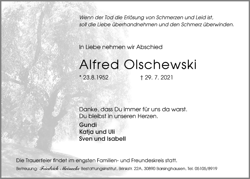  Traueranzeige für Alfred Olschewski vom 31.07.2021 aus Hannoversche Allgemeine Zeitung/Neue Presse