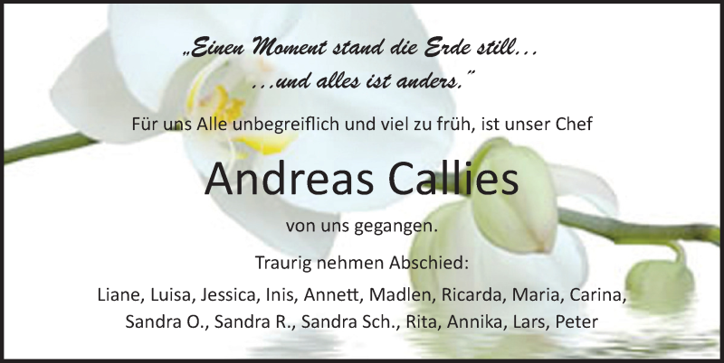  Traueranzeige für Andreas Callies vom 24.07.2021 aus Ostsee-Zeitung GmbH