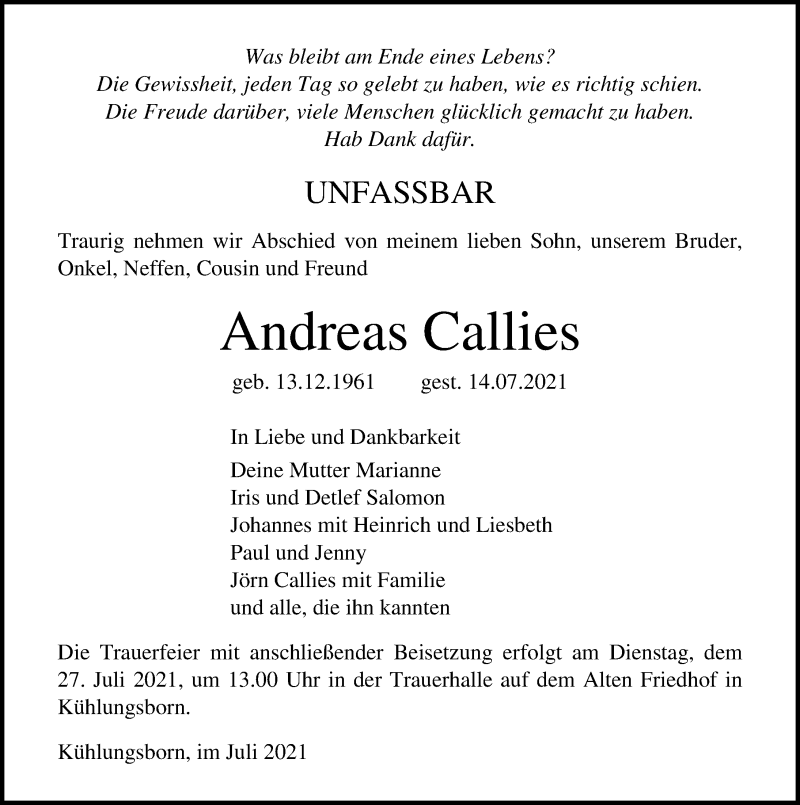  Traueranzeige für Andreas Callies vom 17.07.2021 aus Ostsee-Zeitung GmbH