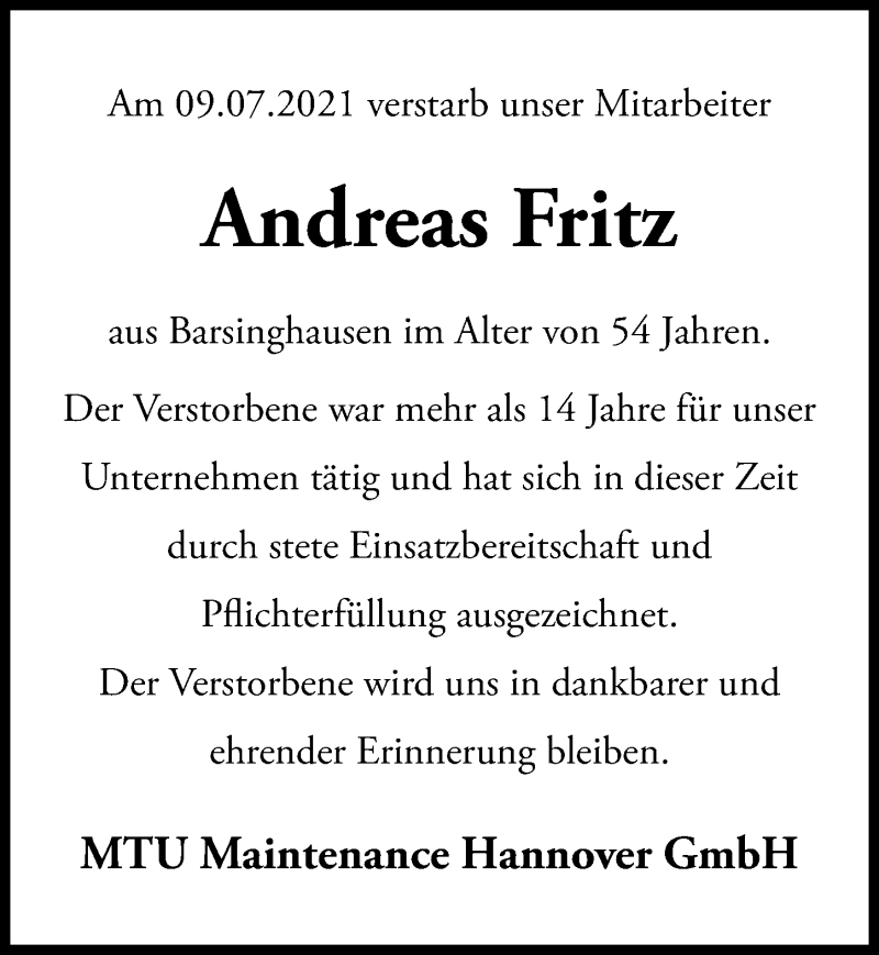  Traueranzeige für Andreas Fritz vom 16.07.2021 aus Hannoversche Allgemeine Zeitung/Neue Presse