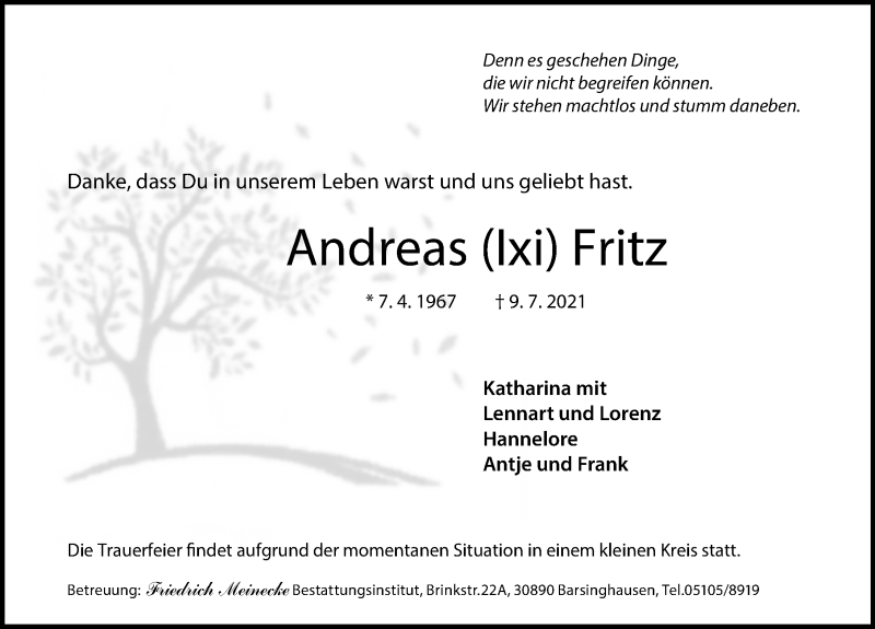  Traueranzeige für Andreas Fritz vom 17.07.2021 aus Hannoversche Allgemeine Zeitung/Neue Presse