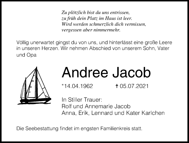  Traueranzeige für Andree Jacob vom 17.07.2021 aus Ostsee-Zeitung GmbH
