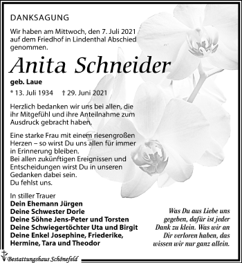 Traueranzeige von Anita Schneider von Leipziger Volkszeitung