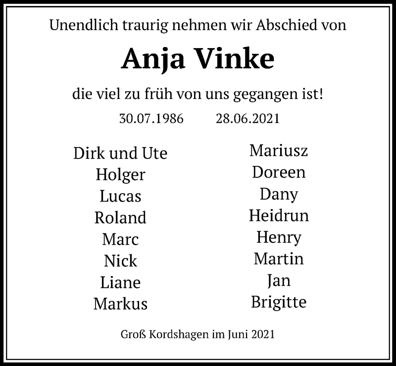  Traueranzeige für Anja Vinke vom 03.07.2021 aus Ostsee-Zeitung GmbH