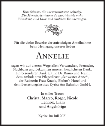 Traueranzeige von Annelie  von Märkischen Allgemeine Zeitung