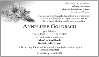 Traueranzeige von Anneliese Goldbach von Märkischen Allgemeine Zeitung