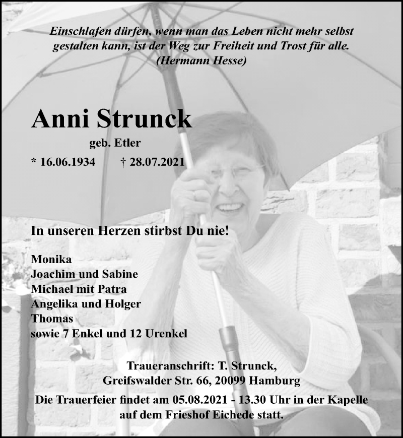  Traueranzeige für Anni Strunck vom 01.08.2021 aus Lübecker Nachrichten