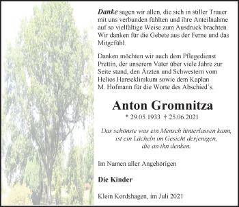 Traueranzeige von Anton Gromnitza von Ostsee-Zeitung GmbH