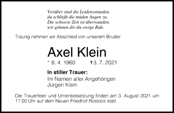 Traueranzeige von Axel Klein von Ostsee-Zeitung GmbH