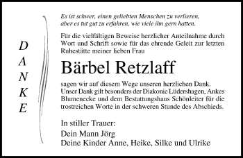 Traueranzeige von Bärbel Retzlaff von Ostsee-Zeitung GmbH