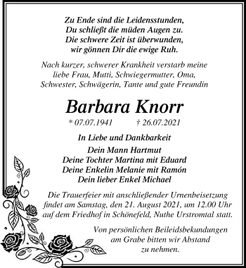 Traueranzeige von Barbara Knorr von Märkischen Allgemeine Zeitung