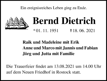 Traueranzeige von Bernd Dietrich von Ostsee-Zeitung GmbH