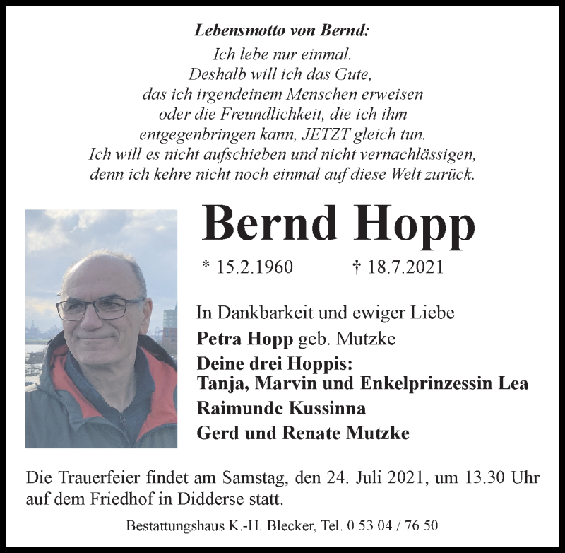  Traueranzeige für Bernd Hopp vom 22.07.2021 aus Aller Zeitung