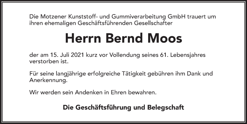  Traueranzeige für Bernd Moos vom 24.07.2021 aus Märkischen Allgemeine Zeitung