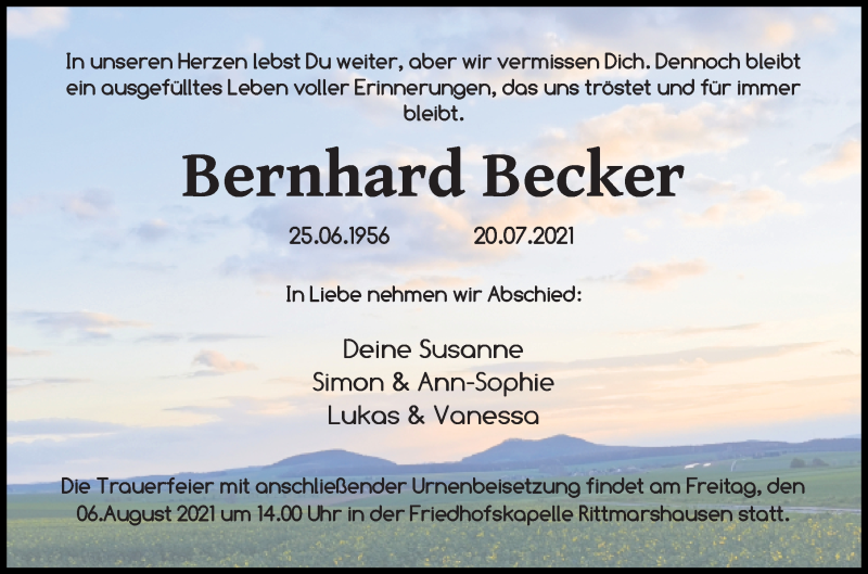  Traueranzeige für Bernhard Becker vom 31.07.2021 aus Göttinger Tageblatt