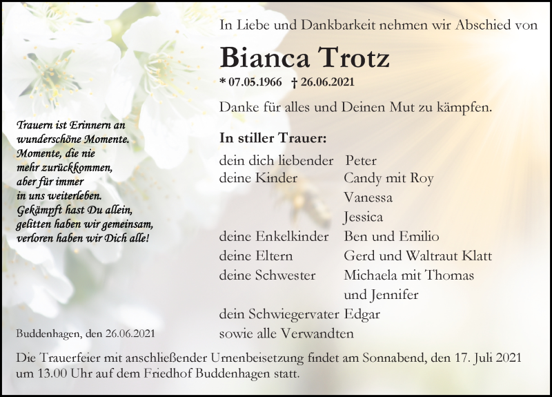  Traueranzeige für Bianca Trotz vom 03.07.2021 aus Ostsee-Zeitung GmbH