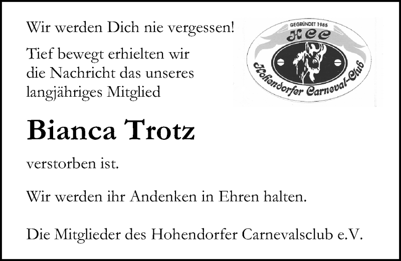  Traueranzeige für Bianca Trotz vom 03.07.2021 aus Ostsee-Zeitung GmbH
