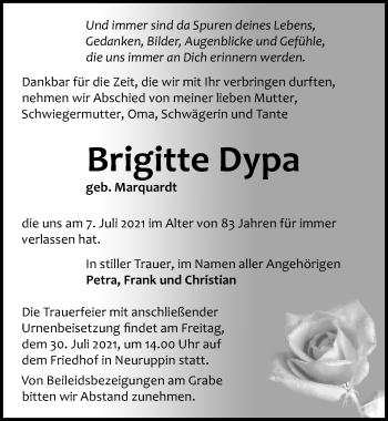 Traueranzeige von Brigitte Dypa von Märkischen Allgemeine Zeitung