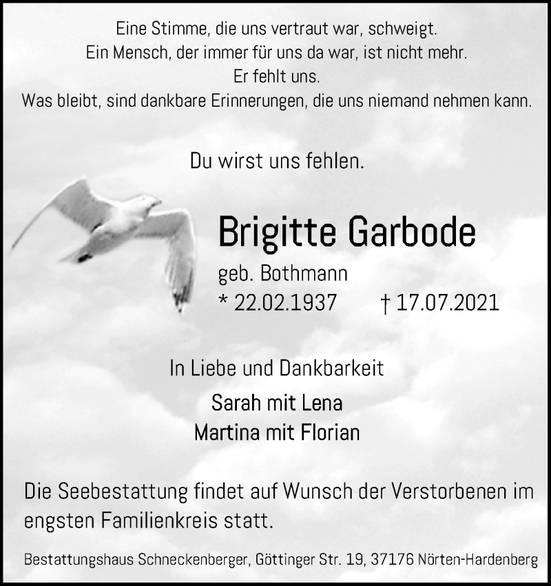  Traueranzeige für Brigitte Garbode vom 24.07.2021 aus Göttinger Tageblatt