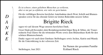 Traueranzeige von Brigitte Rieck von Ostsee-Zeitung GmbH