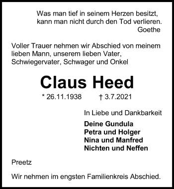 Traueranzeige von Claus Heed von Kieler Nachrichten