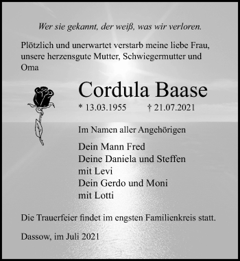 Traueranzeige von Cordula Baase von Ostsee-Zeitung GmbH