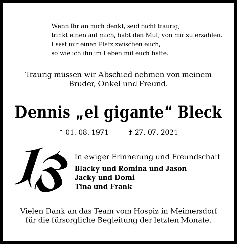  Traueranzeige für Dennis Bleck vom 31.07.2021 aus Kieler Nachrichten