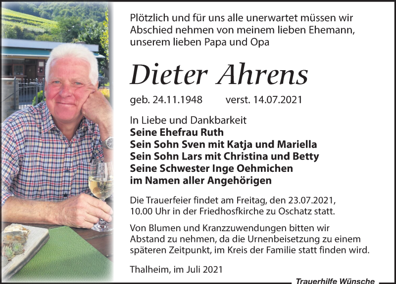  Traueranzeige für Dieter Ahrens vom 17.07.2021 aus Leipziger Volkszeitung