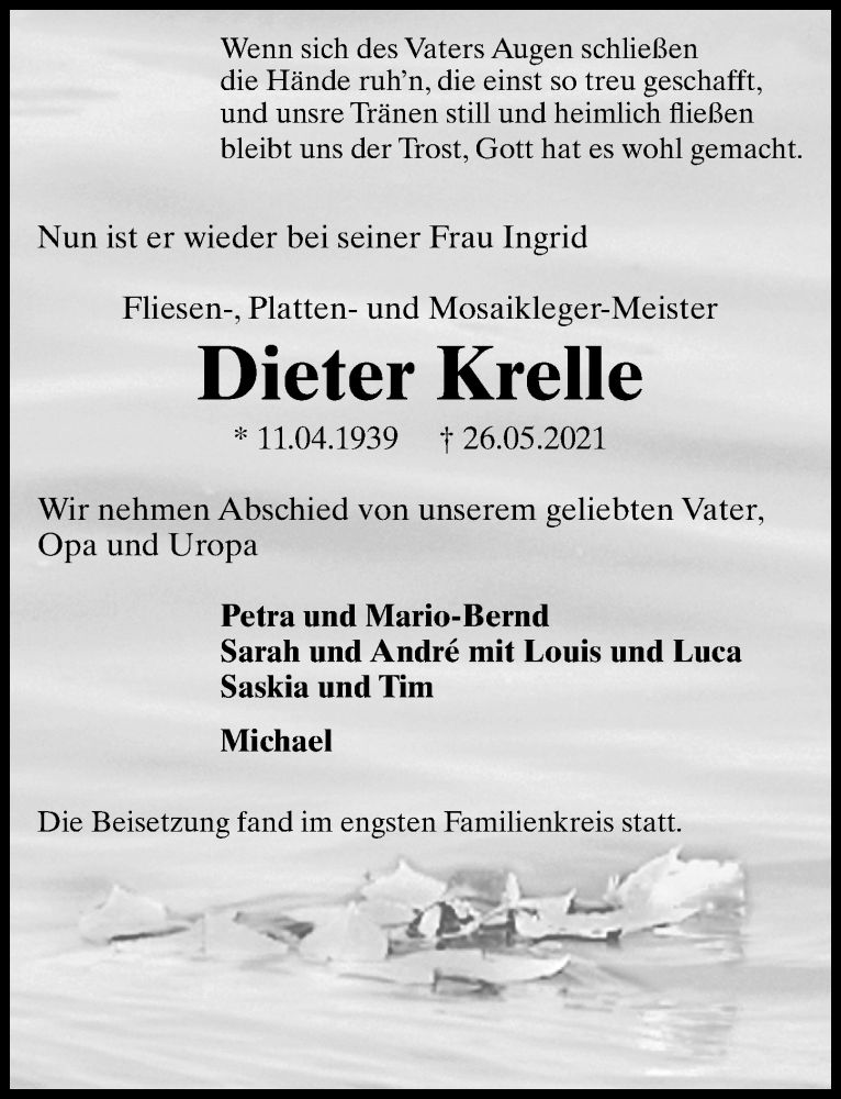  Traueranzeige für Dieter Krelle vom 03.07.2021 aus Göttinger Tageblatt