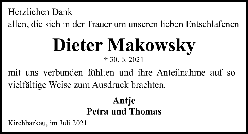  Traueranzeige für Dieter Makowsky vom 24.07.2021 aus Kieler Nachrichten