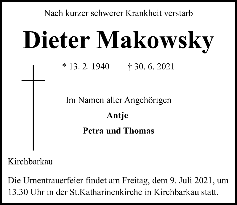  Traueranzeige für Dieter Makowsky vom 07.07.2021 aus Kieler Nachrichten