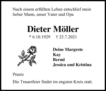 Traueranzeige von Dieter Möller von Kieler Nachrichten