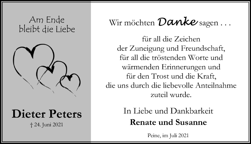  Traueranzeige für Dieter Peters vom 24.07.2021 aus Peiner Allgemeine Zeitung