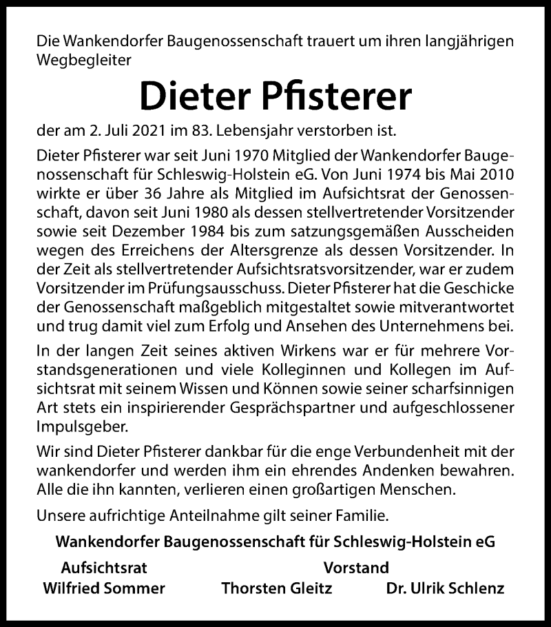 Traueranzeige für Dieter Pfisterer vom 10.07.2021 aus Kieler Nachrichten