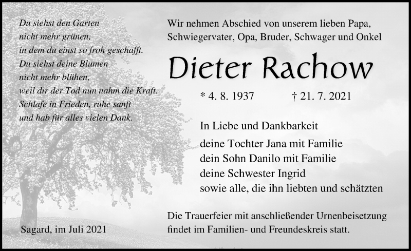  Traueranzeige für Dieter Rachow vom 24.07.2021 aus Ostsee-Zeitung GmbH