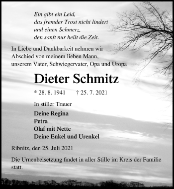 Traueranzeige von Dieter Schmitz von Ostsee-Zeitung GmbH