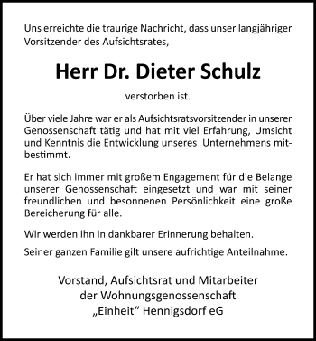 Traueranzeige von Dieter Schulz von Märkischen Allgemeine Zeitung