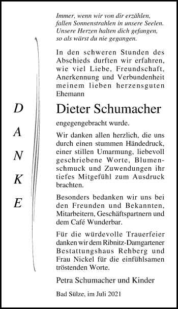 Traueranzeige von Dieter Schumacher von Ostsee-Zeitung GmbH