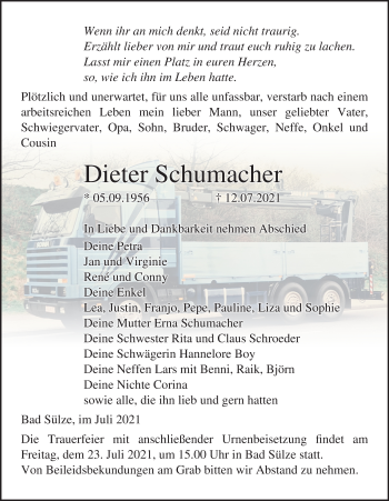 Traueranzeige von Dieter Schumacher von Ostsee-Zeitung GmbH