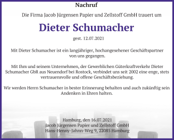 Traueranzeige von Dieter Schumacher von Ostsee-Zeitung GmbH