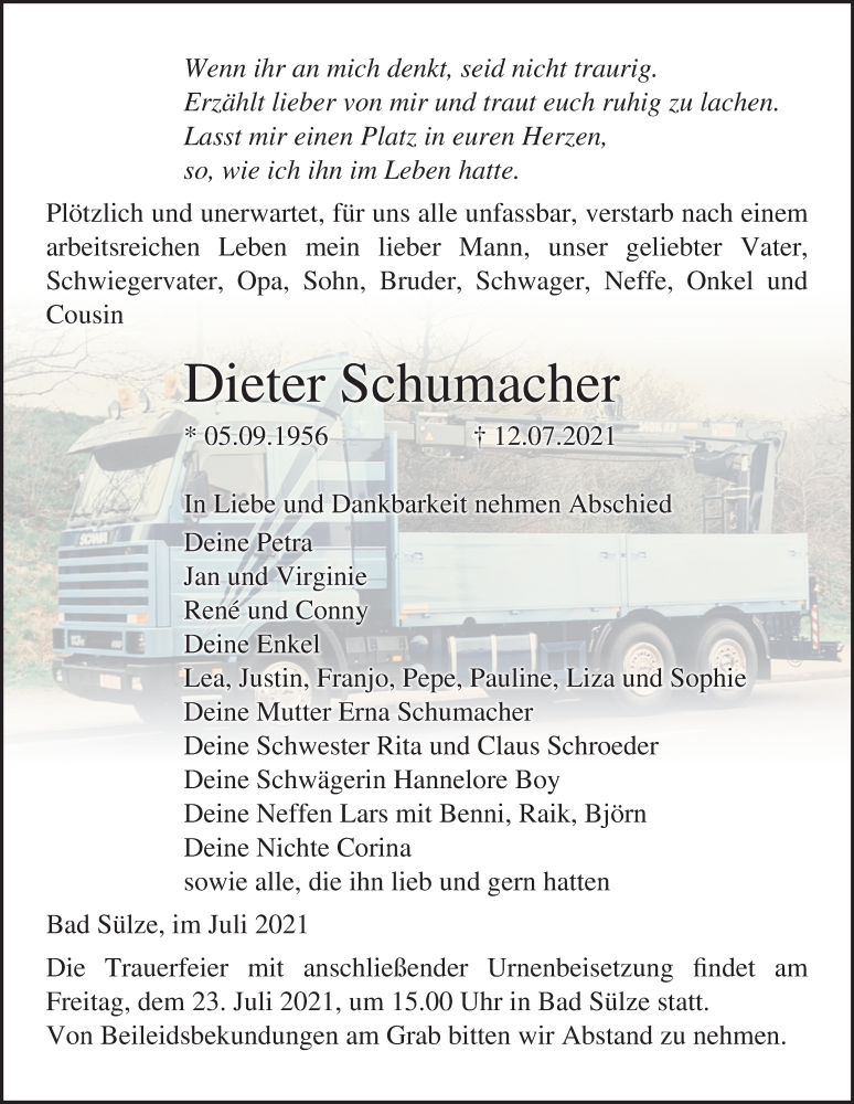  Traueranzeige für Dieter Schumacher vom 17.07.2021 aus Ostsee-Zeitung GmbH