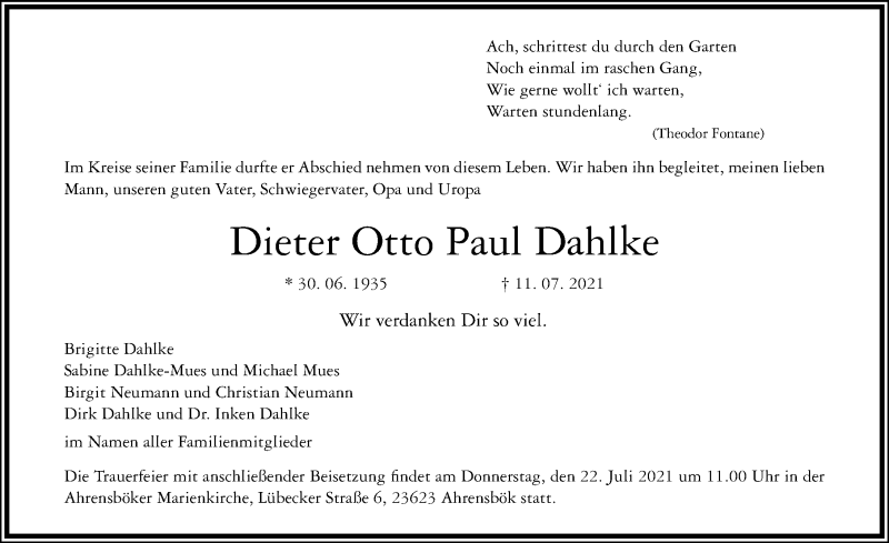  Traueranzeige für Dieter Otto Paul Dahlke vom 17.07.2021 aus Lübecker Nachrichten