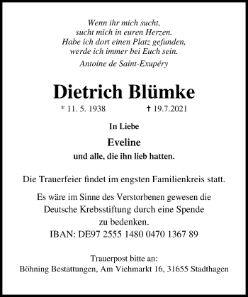 Traueranzeige von Dietrich Blümke von Schaumburger Nachrichten
