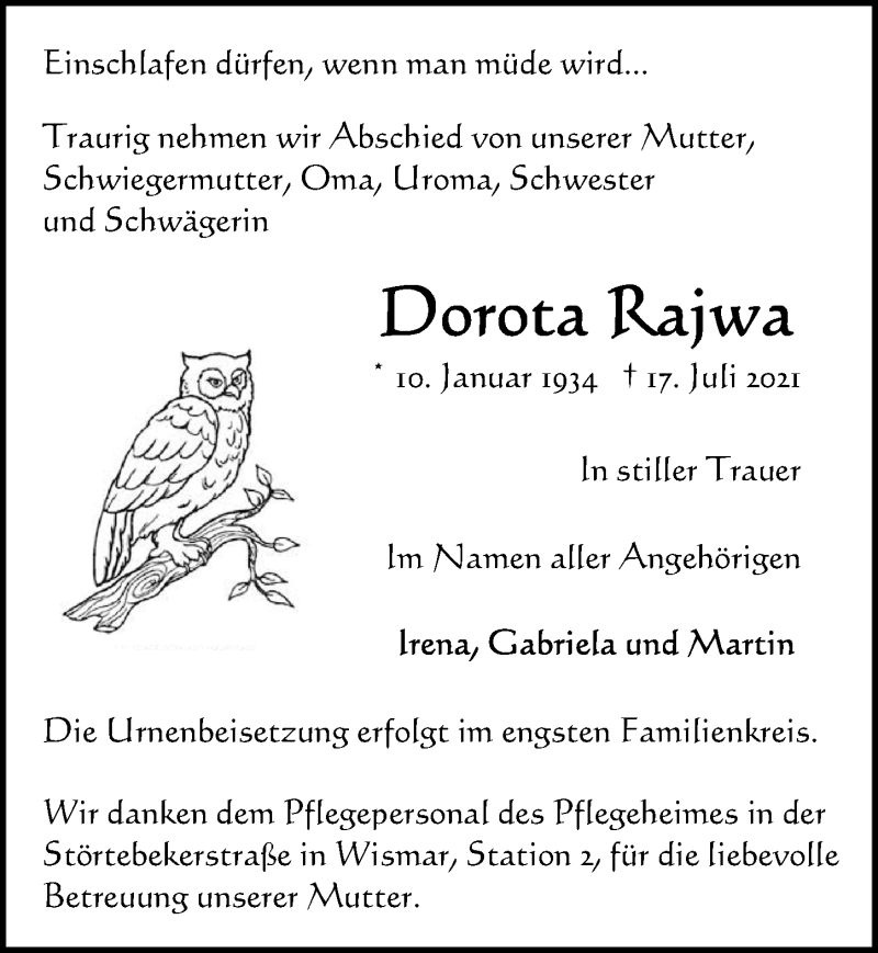  Traueranzeige für Dorota Rajwa vom 24.07.2021 aus Ostsee-Zeitung GmbH