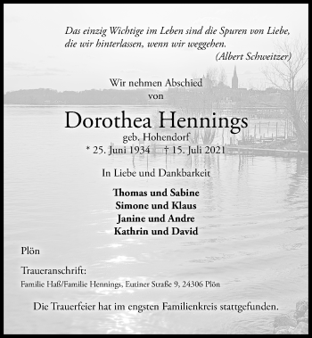 Traueranzeige von Dorothea Hennings von Kieler Nachrichten