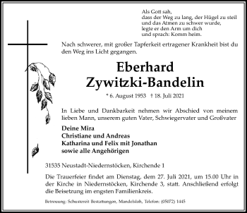 Traueranzeige von Eberhard Zywitzki-Bandelin von Hannoversche Allgemeine Zeitung/Neue Presse