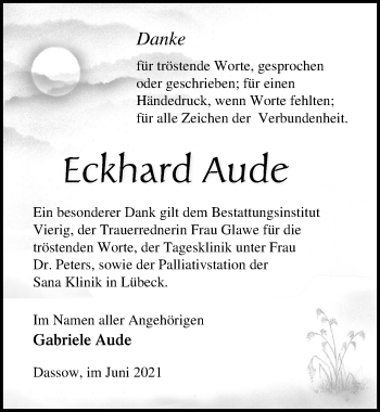 Traueranzeige von Eckhard Aude von Ostsee-Zeitung GmbH